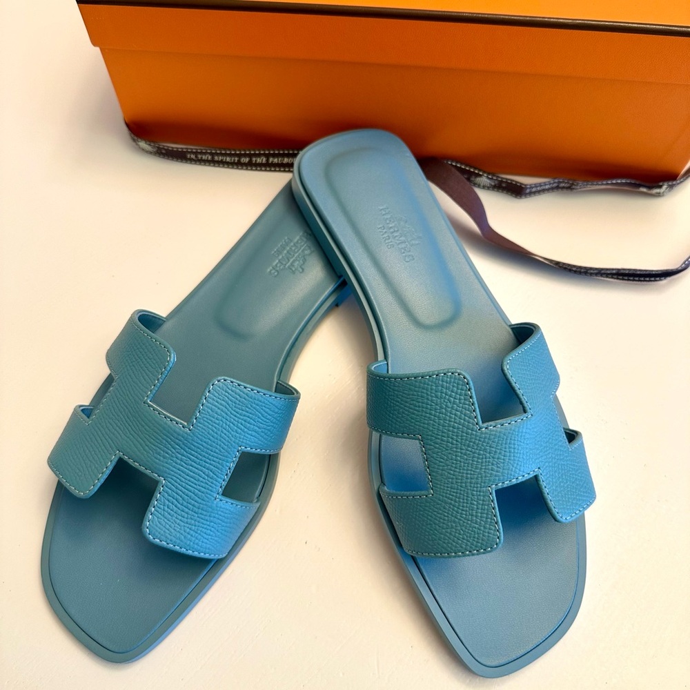Brand New In Box Hermes blue mineral oran sandal 36.5